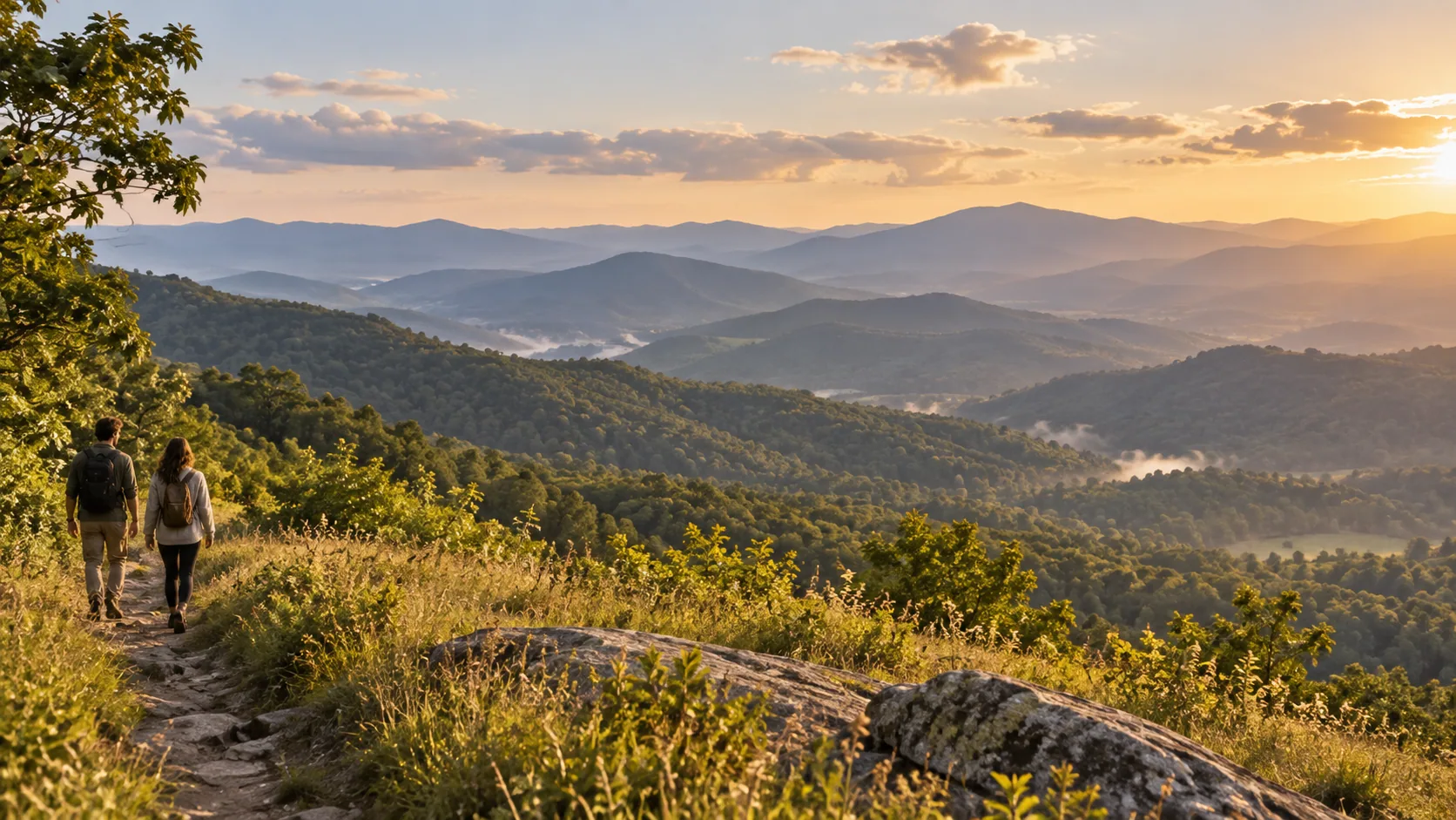 A couple hiking a ridge at sunset