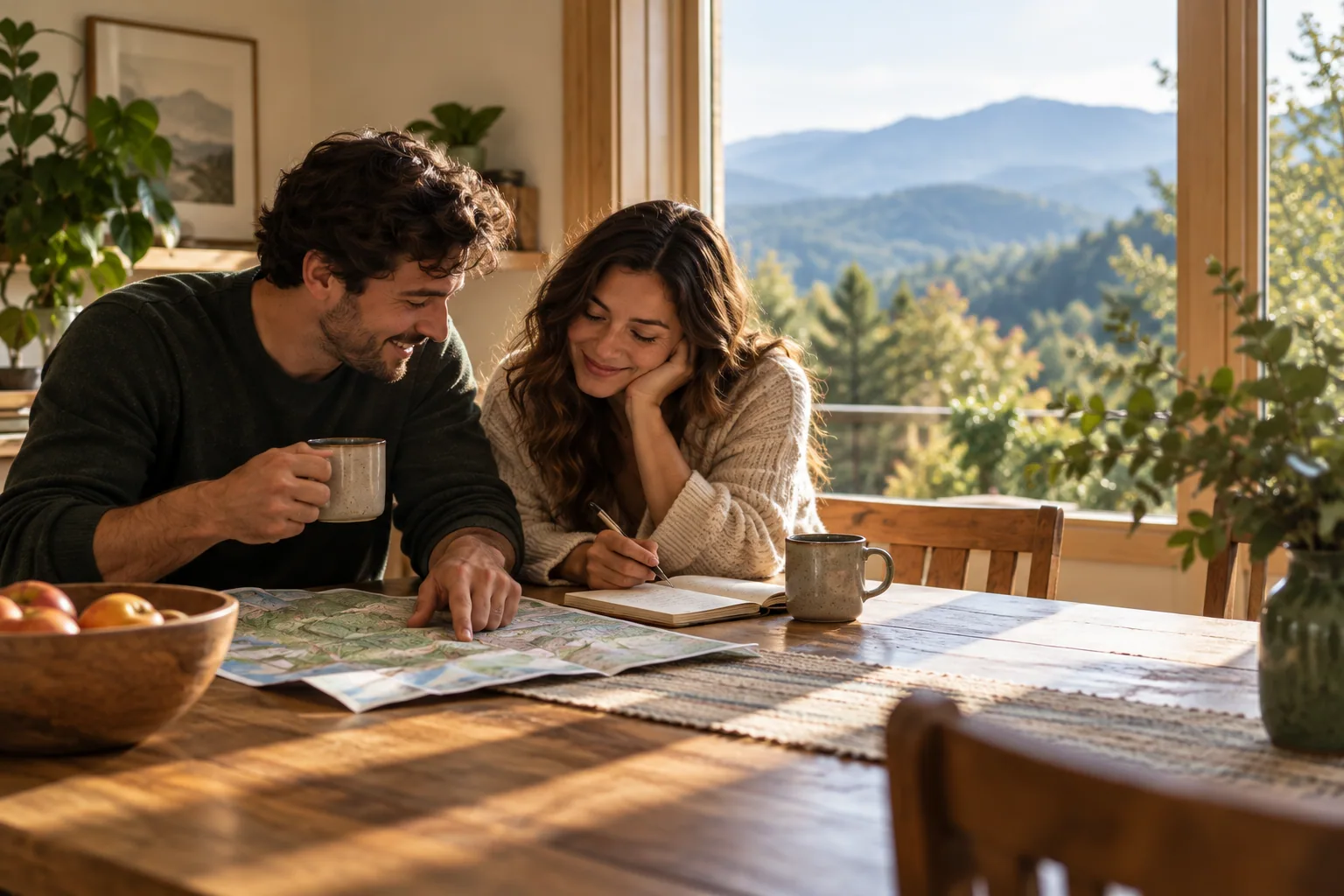 A couple planning together at the kitchen table