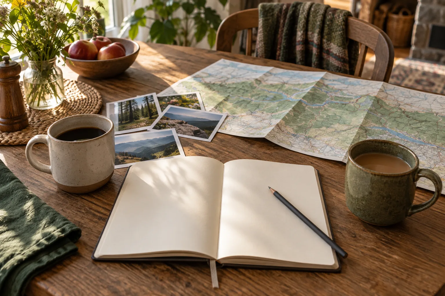 Coffee, a journal and a map on a Sunday table